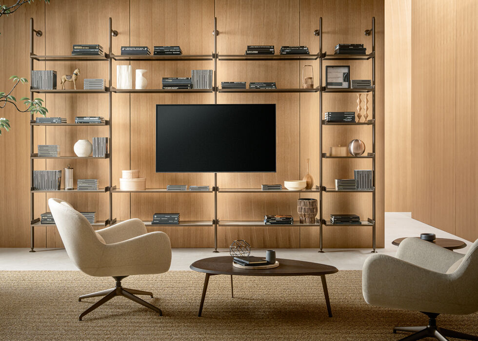 Libreria moderna e di design con porta TV, Parete attrezzata con libreria e tv​ - Techwall, Riflessi
