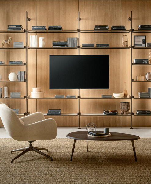 Libreria moderna componibile a parete con braccio porta TV - Techwall, Riflessi